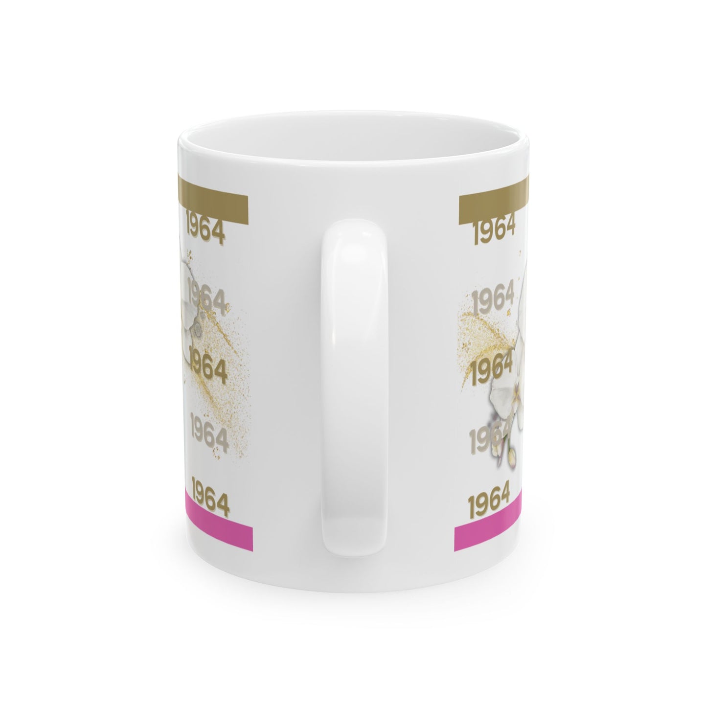Back view of personalized Top Ladies of Distinction mug featuring repeating '1964' text, gold and pink accents, and soft floral detailing – commemorative sorority gift.
