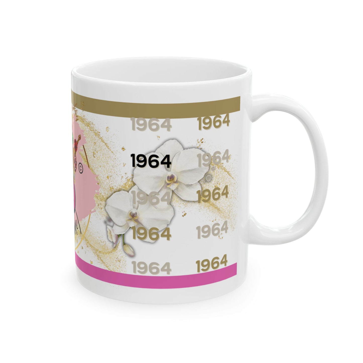 Side view of Top Ladies of Distinction mug featuring white orchid flowers, repeated '1964' text, and gold glitter accents – elegant custom gift for women in service and sisterhood.