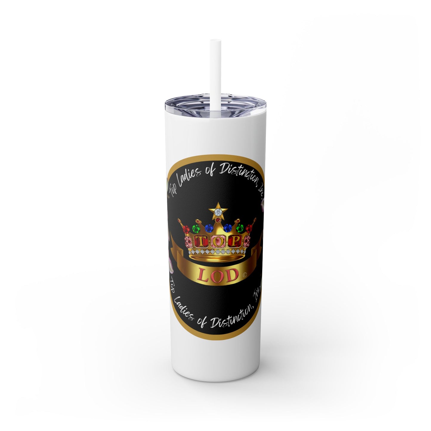 White stainless steel tumbler featuring a vibrant jeweled crown design with gold accents, surrounded by the text 'Top Ladies of Distinction (TLOD),' paired with a reusable black straw and a glittery finish for a luxurious look