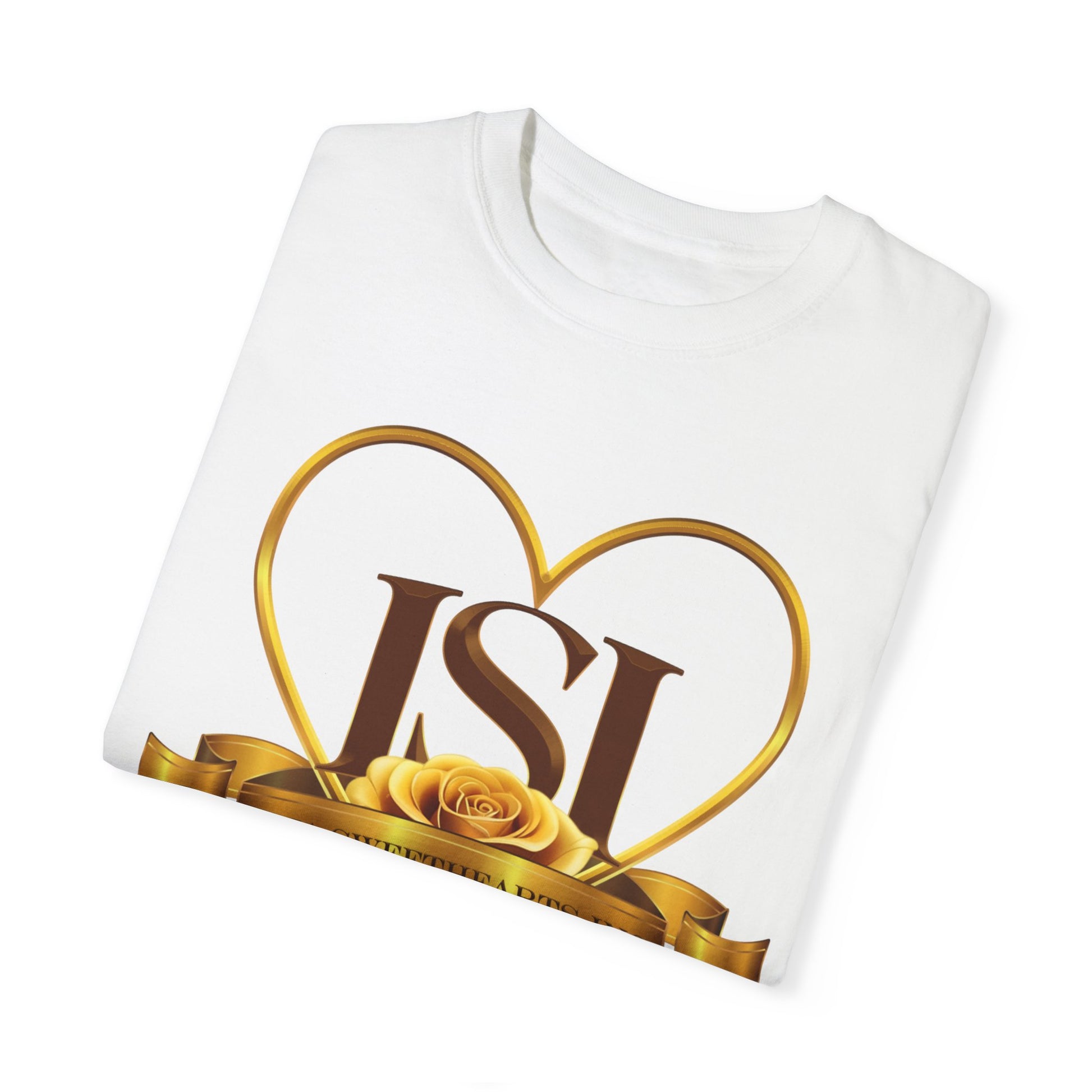 A neatly folded white t-shirt featuring the Iota Sweethearts, Inc. logo prominently displayed on the front. The design includes large brown "ISI" initials within a gold heart outline, accented by a detailed yellow rose and a gold ribbon. The shirt is laid flat on a white background, emphasizing the elegance of the logo and the quality of the fold.