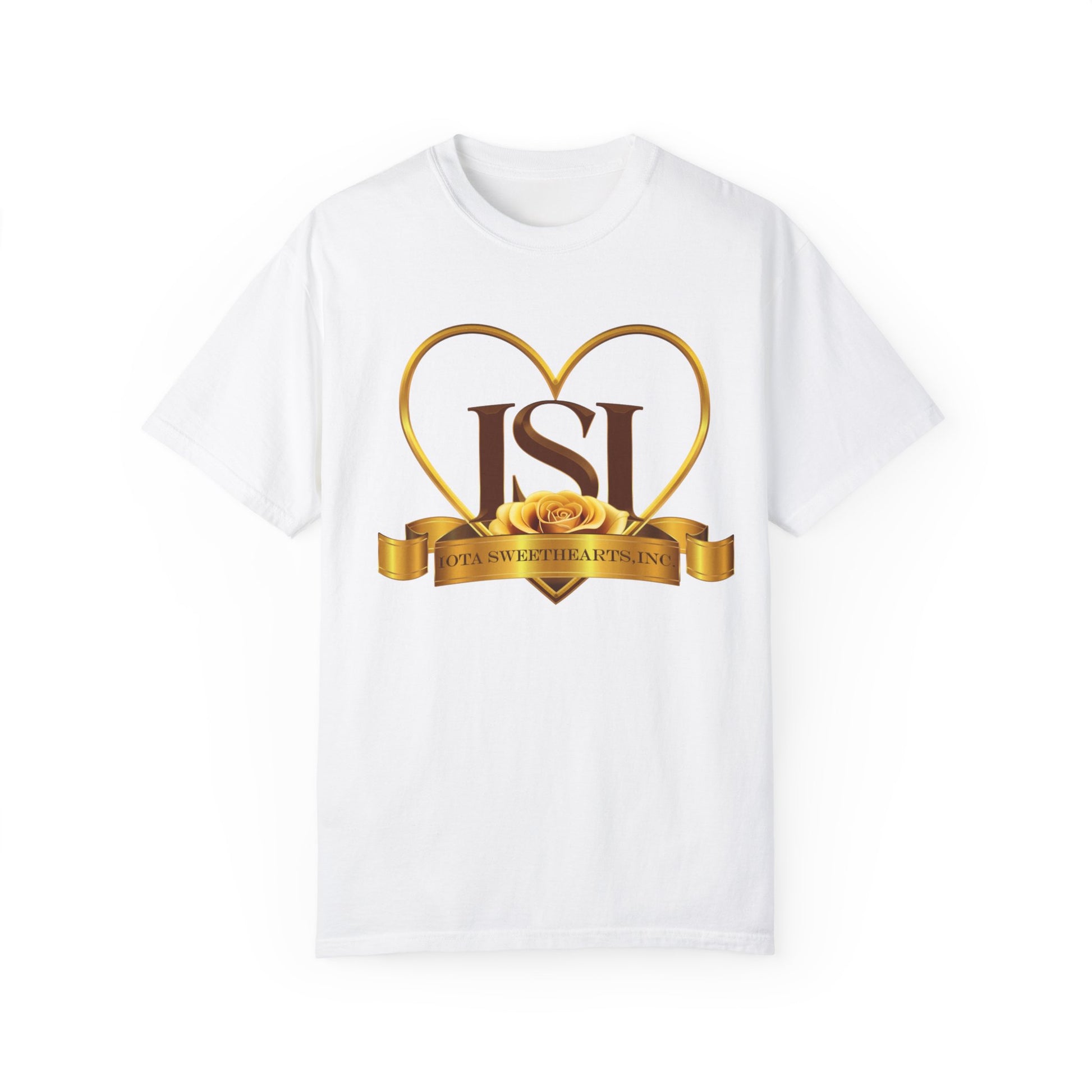 White unisex t-shirt featuring the Iota Sweethearts, Inc. logo centered on the chest. The design includes the brown letters "ISI" framed by a golden heart outline. A golden ribbon with a yellow rose sits beneath the initials, displaying the words "Iota Sweethearts, Inc." in elegant text. The shirt has a classic crew neckline and short sleeves.