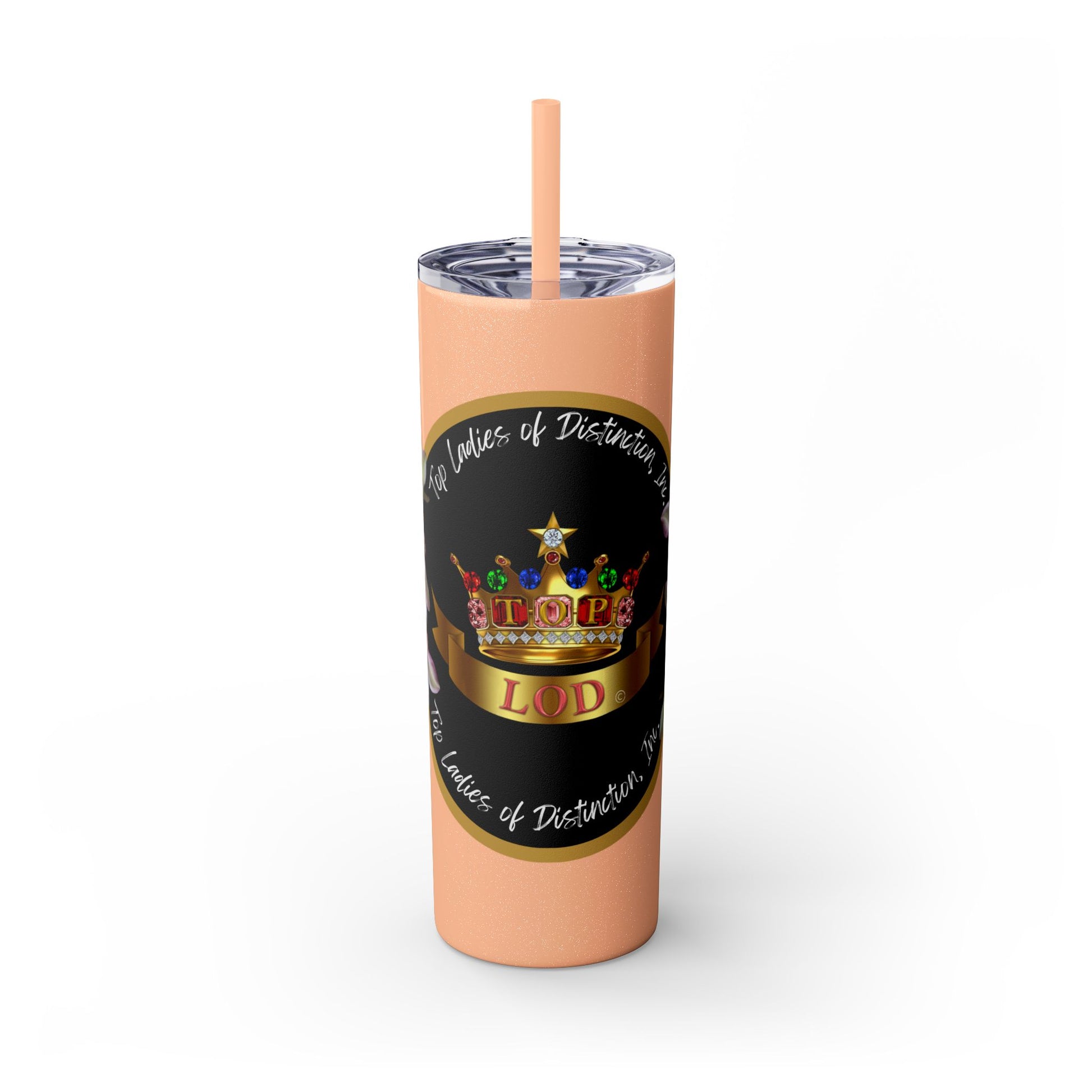 Peach-colored stainless steel tumbler featuring a black center panel with a vibrant jeweled crown design, gold accents, and the text 'Top Ladies of Distinction (TLOD),' paired with a matching peach reusable straw and a subtle glittery finish for a sophisticated appearance