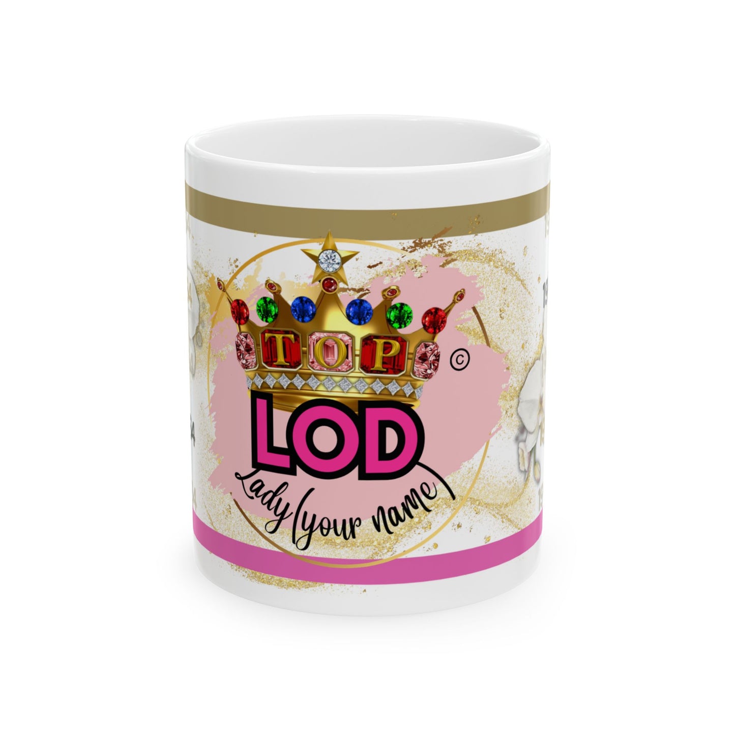 Close-up of custom Top Ladies of Distinction coffee mug featuring a jeweled crown, pink and gold design, and space for personalized name – ideal gift for women and sorority members.