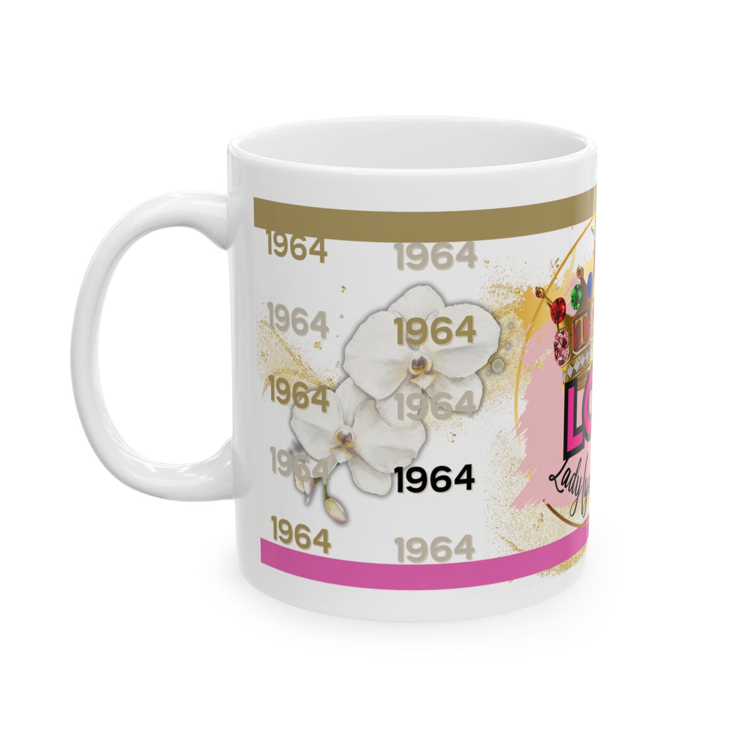 Side view of Top Ladies of Distinction mug featuring repeated '1964' text, elegant white orchids, and partial jeweled crown design – personalized sorority gift mug.