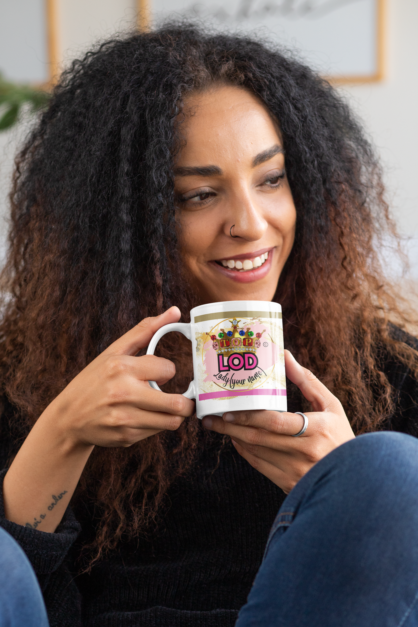 "Woman holding personalized Top Ladies of Distinction crown coffee mug – custom name gift for women, Black sorority members, and sisterhood celebrations."