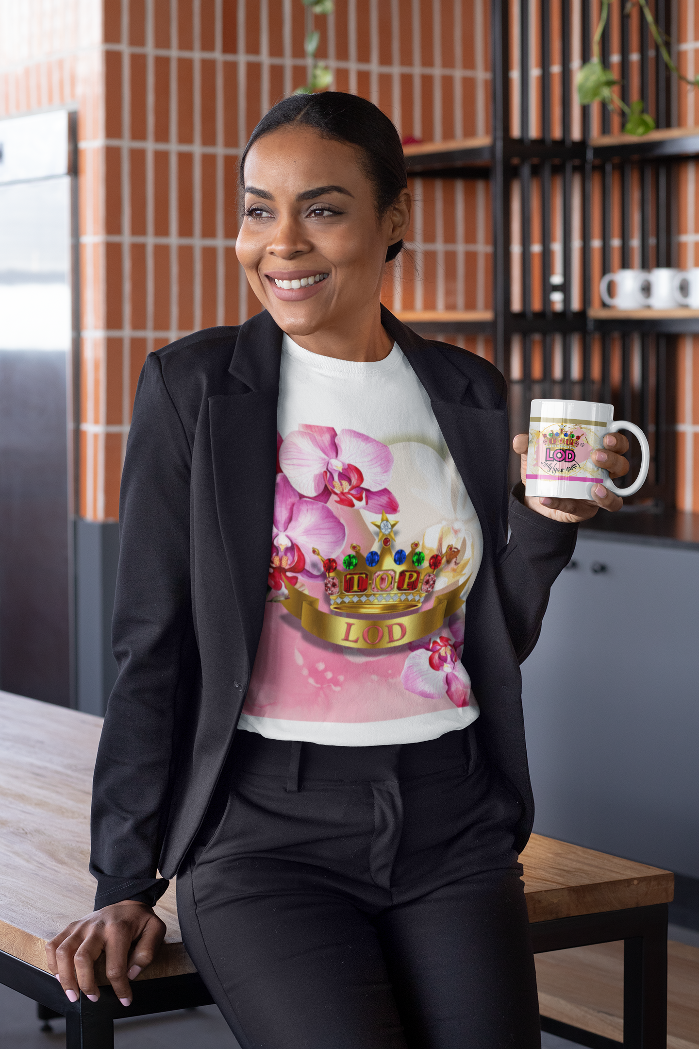 Side view of custom Top Ladies of Distinction mug with repeating '1964' text, white orchids, and soft gold accents – perfect sorority or sisterhood gift.