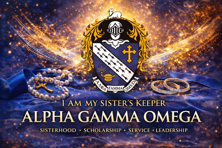 Alpha Gamma Omega Christian sorority crest banner featuring the AGO shield and symbols representing sisterhood, scholarship, service, and leadership.
