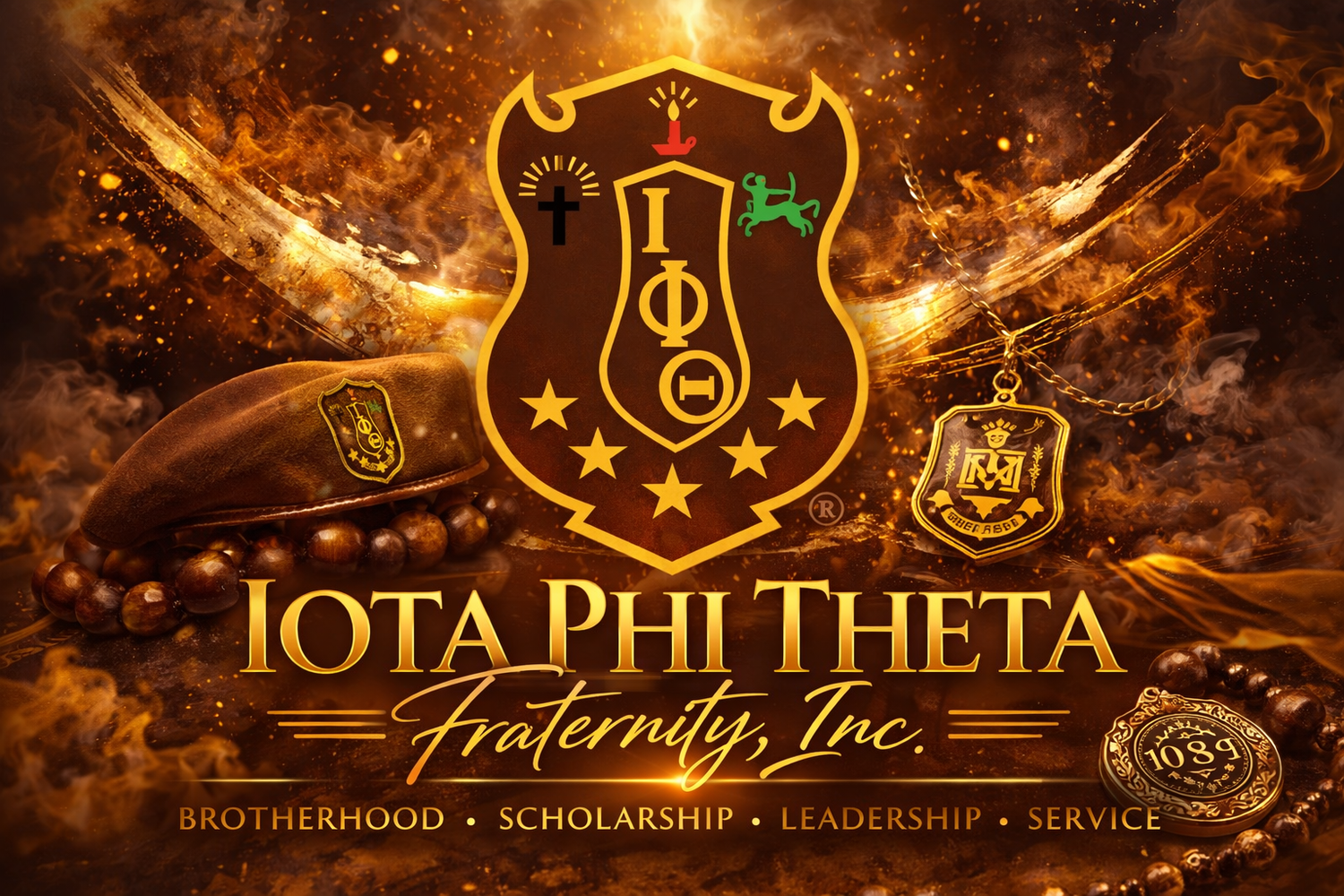 Iota Phi Theta Fraternity shield featured on a bold brown and gold banner with fraternity apparel and symbols representing Brotherhood, Scholarship, Leadership, and Service.