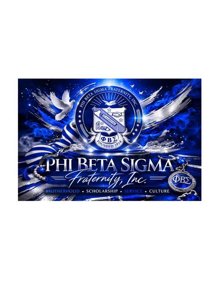 Phi Beta Sigma fraternity apparel banner featuring the Phi Beta Sigma crest in blue and white with dove and shield representing Brotherhood, Scholarship, and Service in Greek life.