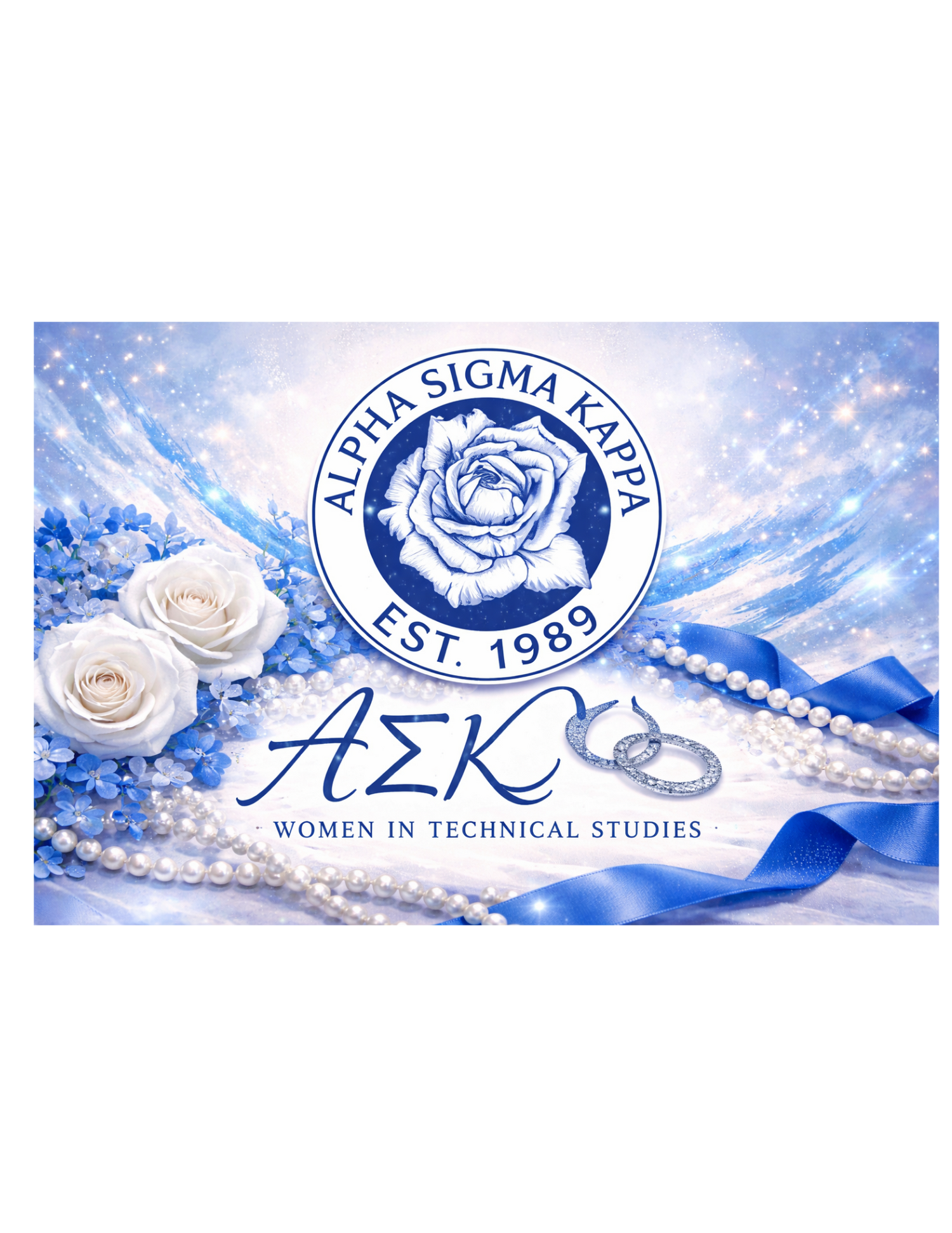 Alpha Sigma Kappa Sorority collection banner featuring the ASK blue rose logo with pearls and blue ribbon representing women in technical studies sorority.