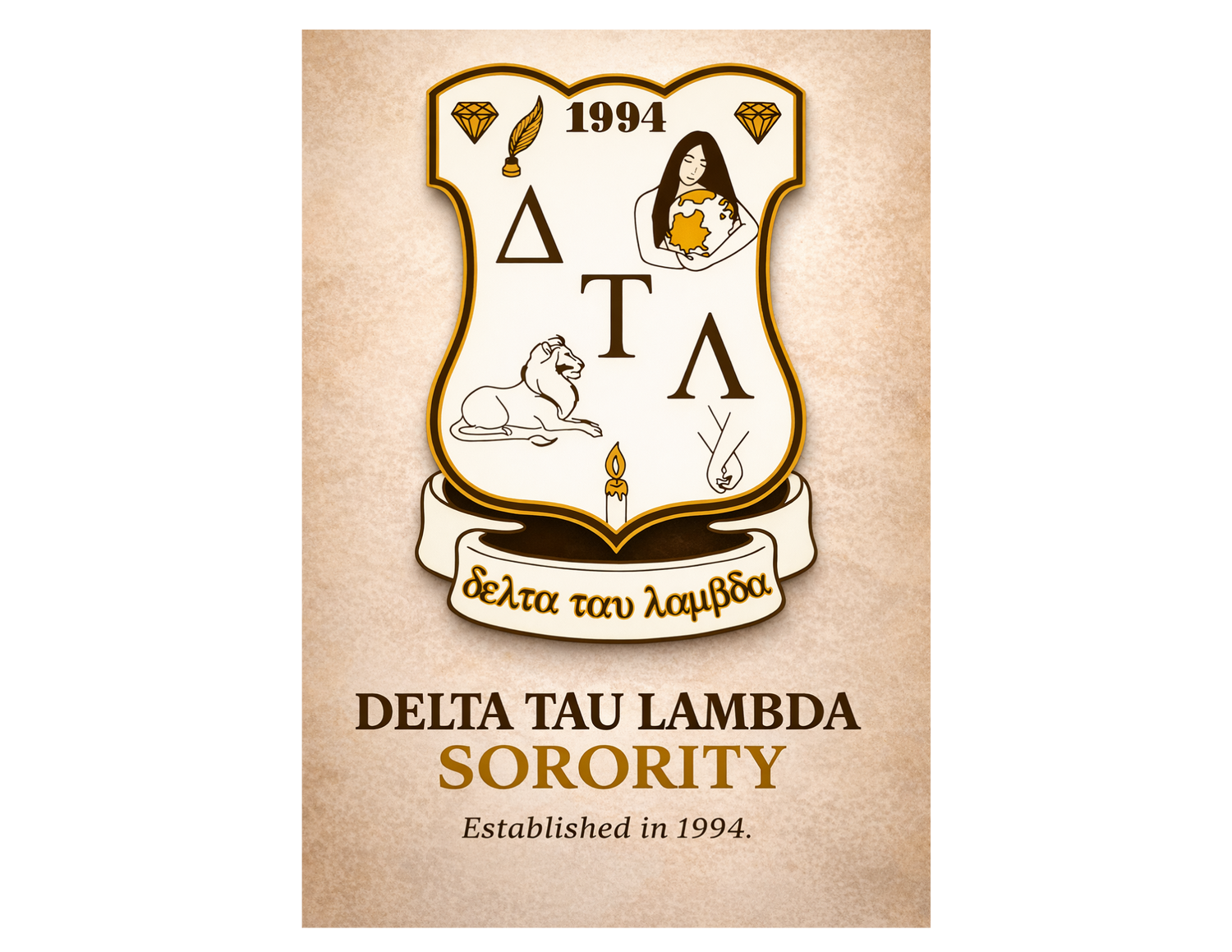 Delta Tau Lambda Sorority crest logo featuring Greek letters ΔΤΛ, lion symbol, candle, and globe representing sisterhood, academic excellence, and community service established in 1994.