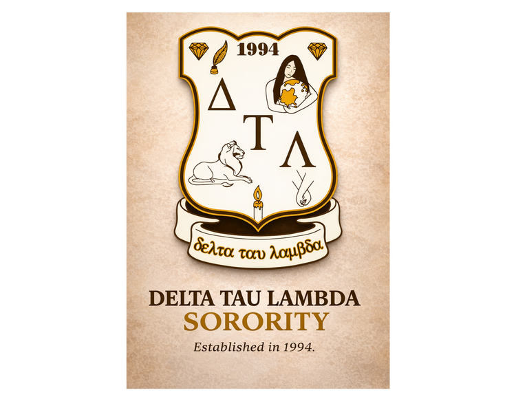 Delta Tau Lambda Sorority crest logo featuring Greek letters ΔΤΛ, lion symbol, candle, and globe representing sisterhood, academic excellence, and community service established in 1994.