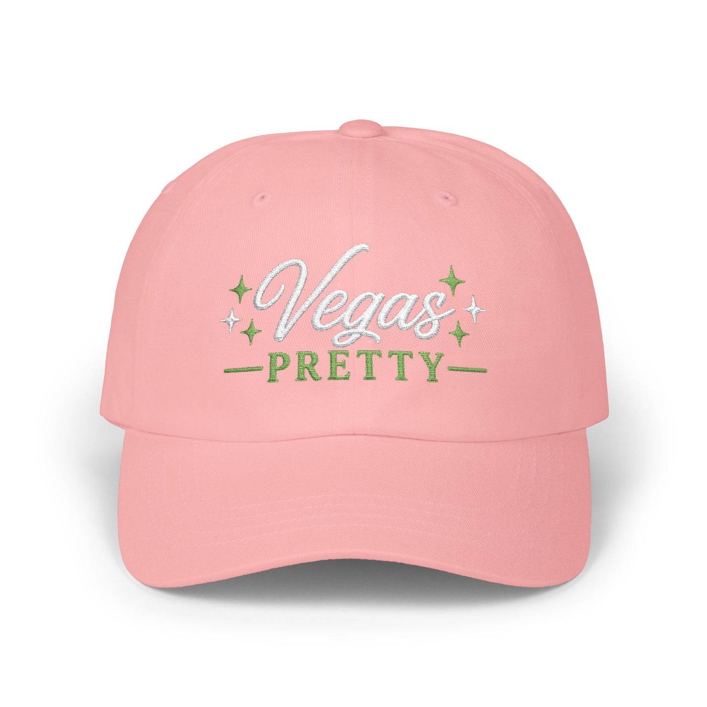 Pink cap with 'Vegas Pretty' text on a white background