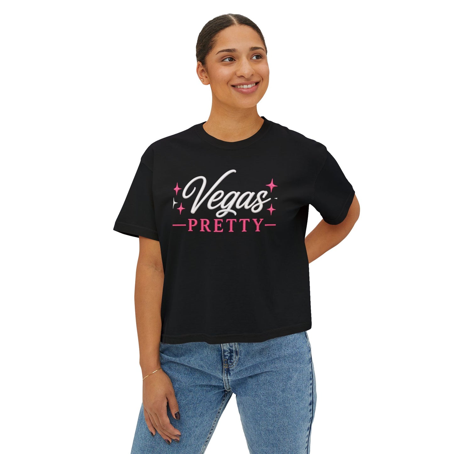 Vegas Pretty Boxy Tee – Retro Pink Sparkle Graphic Shirt