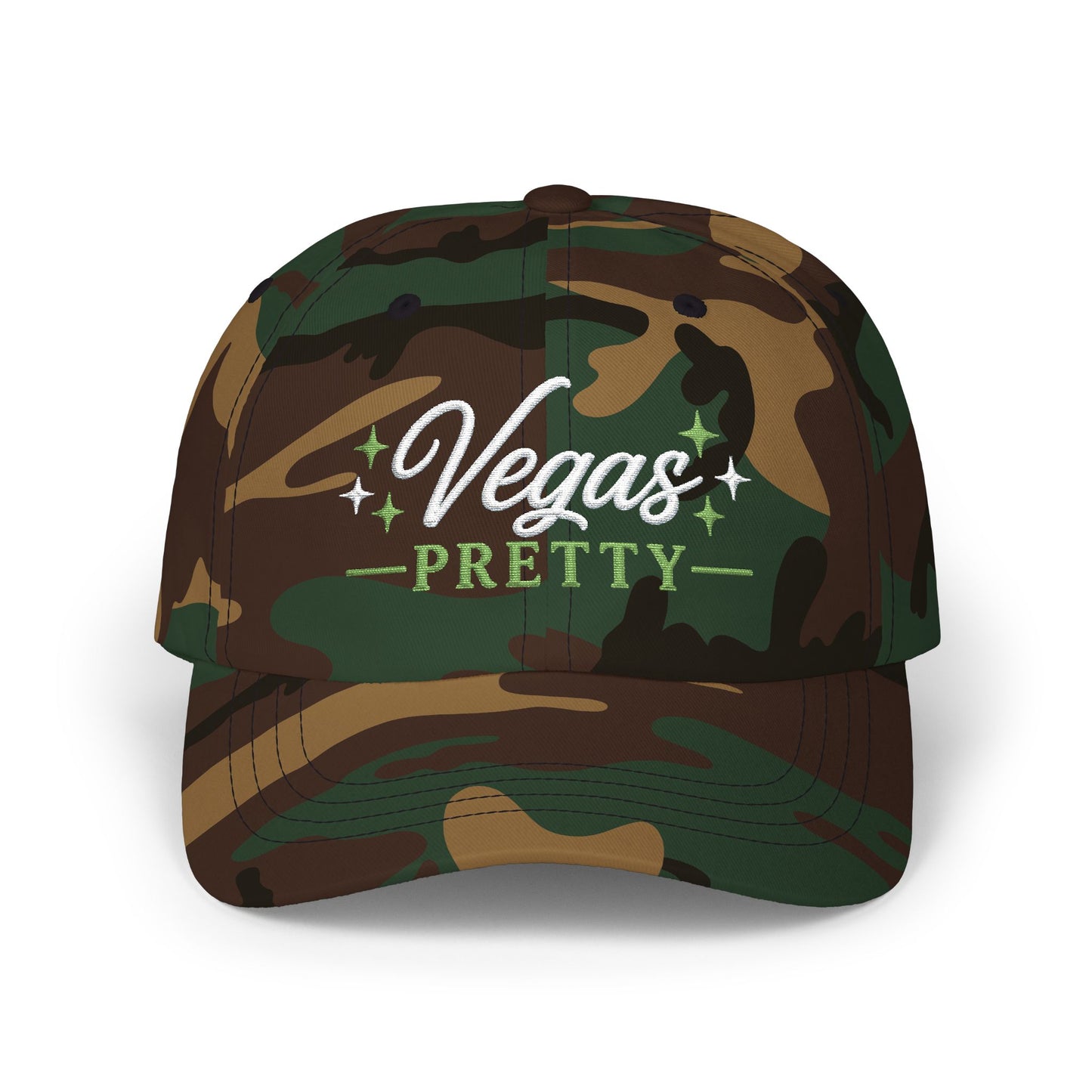 Camouflage cap with 'Vegas Pretty' text on a white background