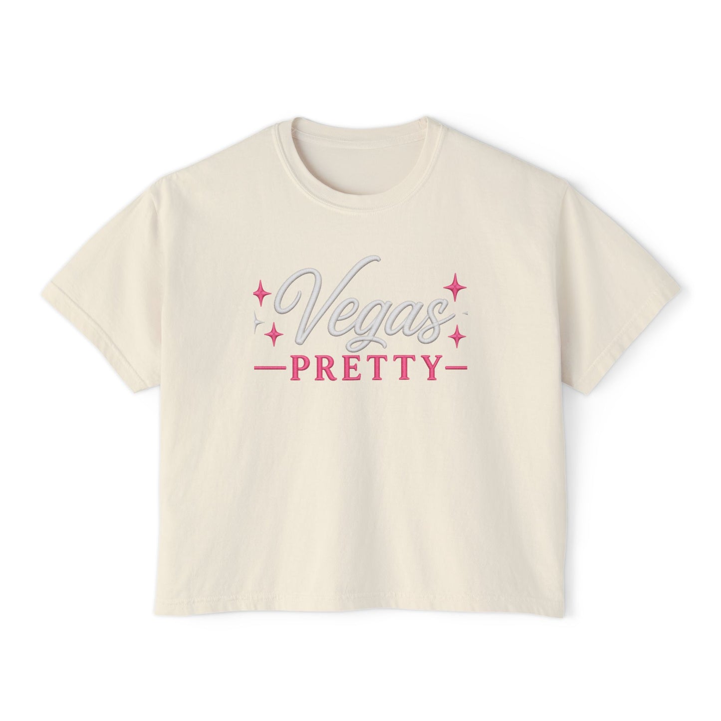 Vegas Pretty Boxy Tee – Retro Pink Sparkle Graphic Shirt