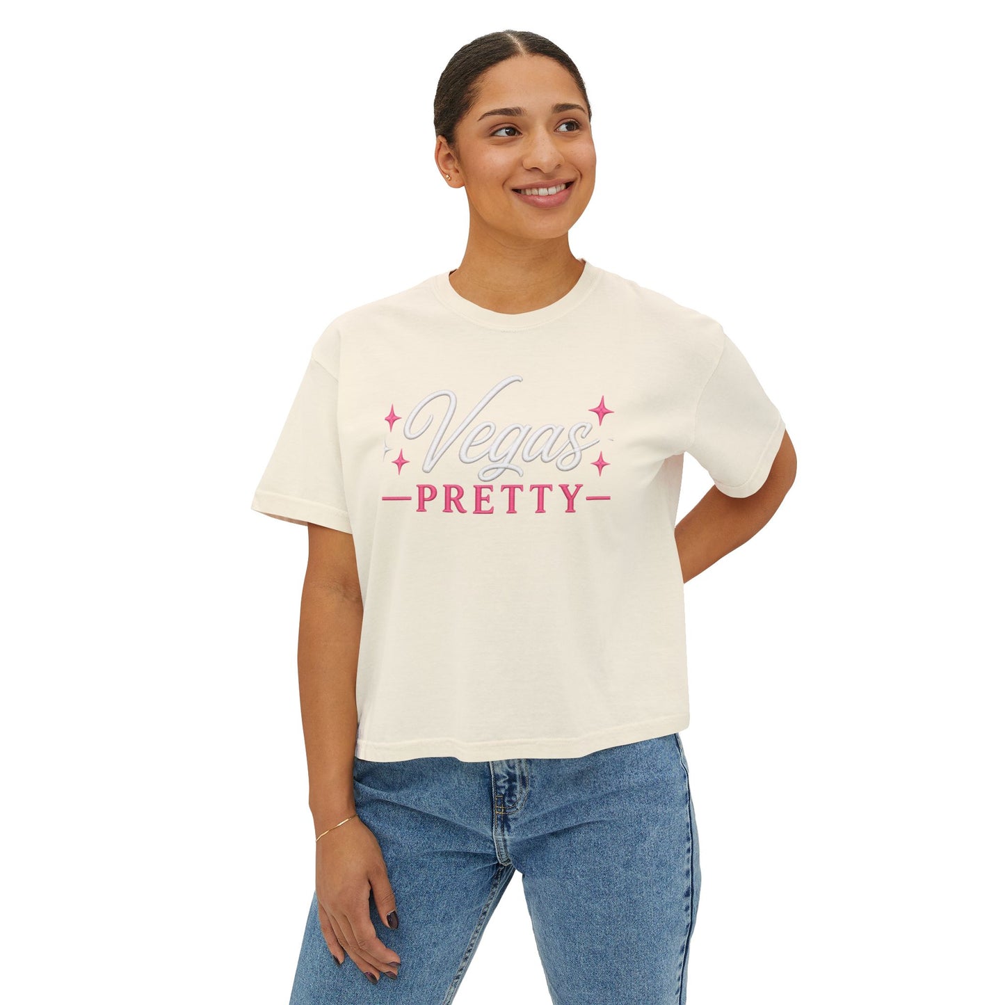 Vegas Pretty Boxy Tee – Retro Pink Sparkle Graphic Shirt