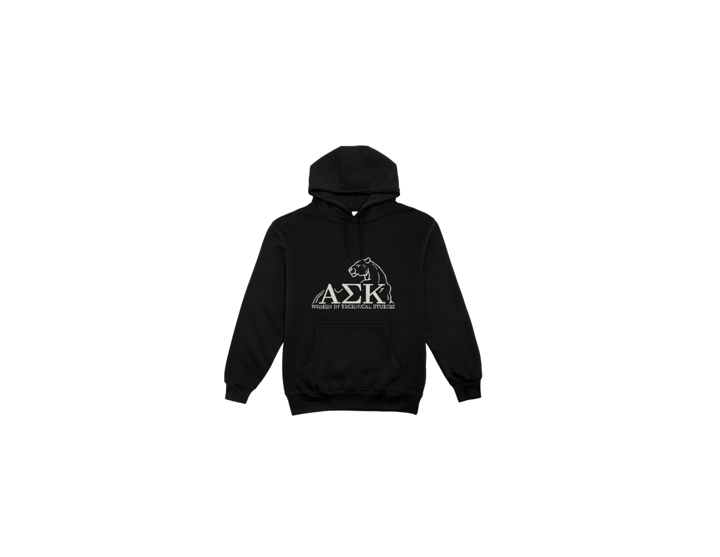 Black Alpha Sigma Kappa sorority hoodie featuring ASK Greek letters and panther logo representing Women in Technical Studies sorority apparel.