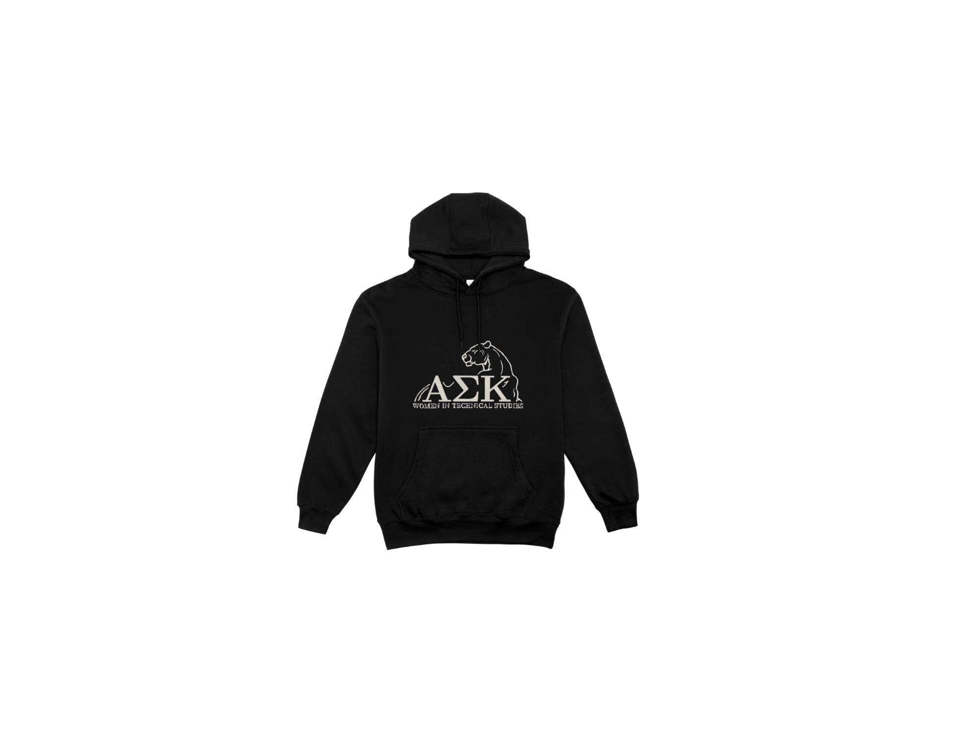 Black Alpha Sigma Kappa sorority hoodie featuring ASK Greek letters and panther logo representing Women in Technical Studies sorority apparel.