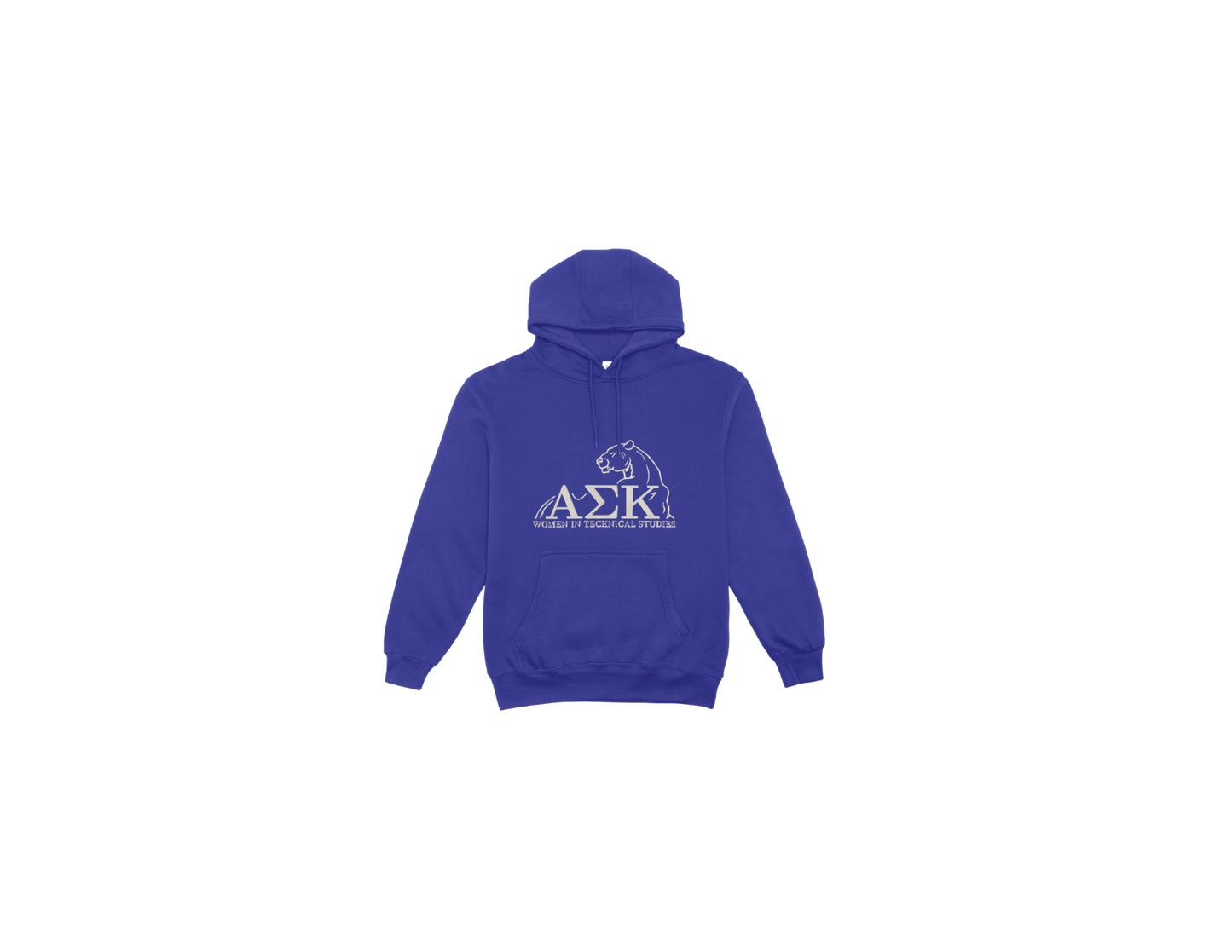 Alpha Sigma Kappa sorority hoodie with ASK Greek letters and Women in Technical Studies design in blue sorority apparel.
