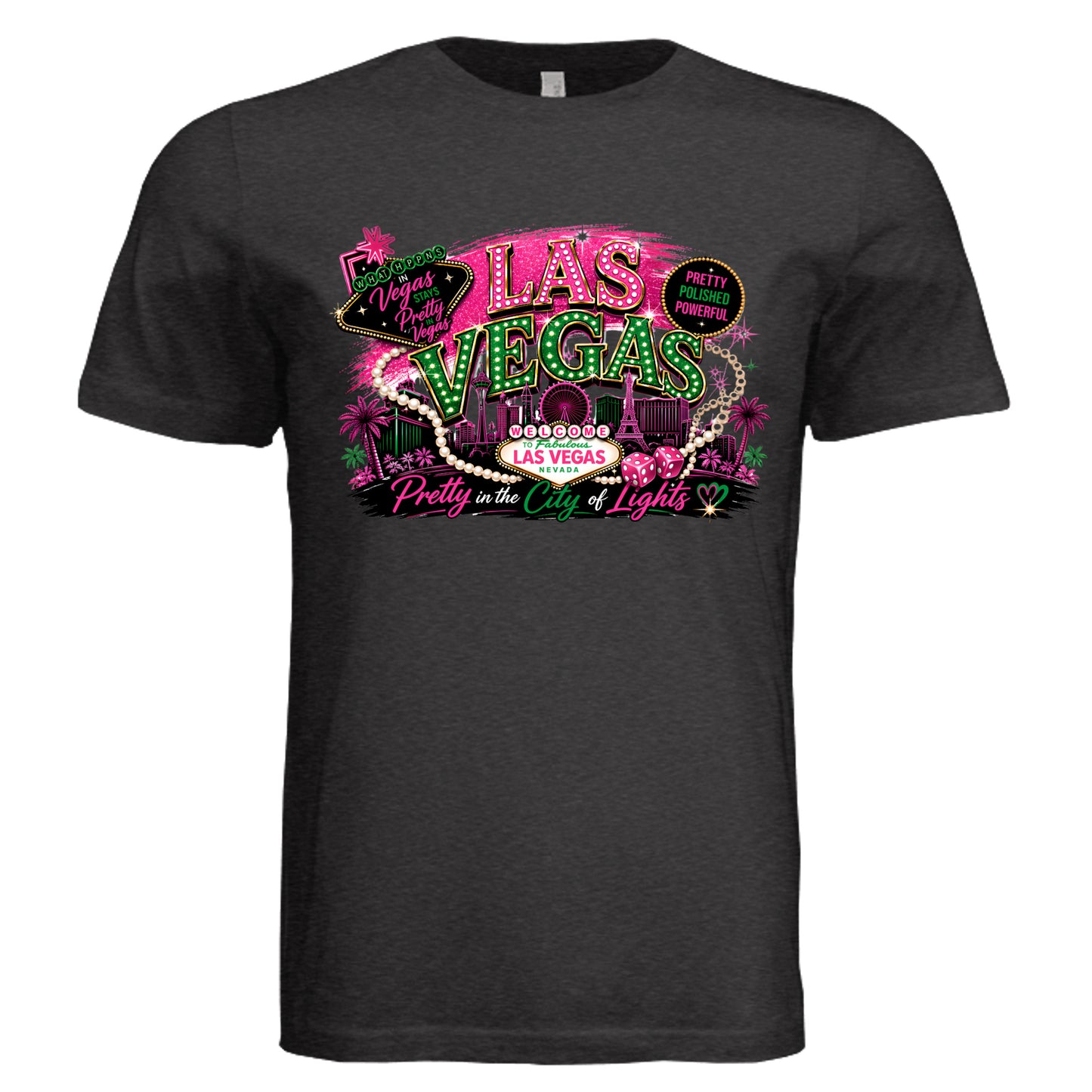 Black heather Las Vegas graphic t-shirt featuring vibrant neon “Las Vegas Pretty” design with skyline, dice, and city lights theme—perfect for women’s travel, conferences, and Vegas trips