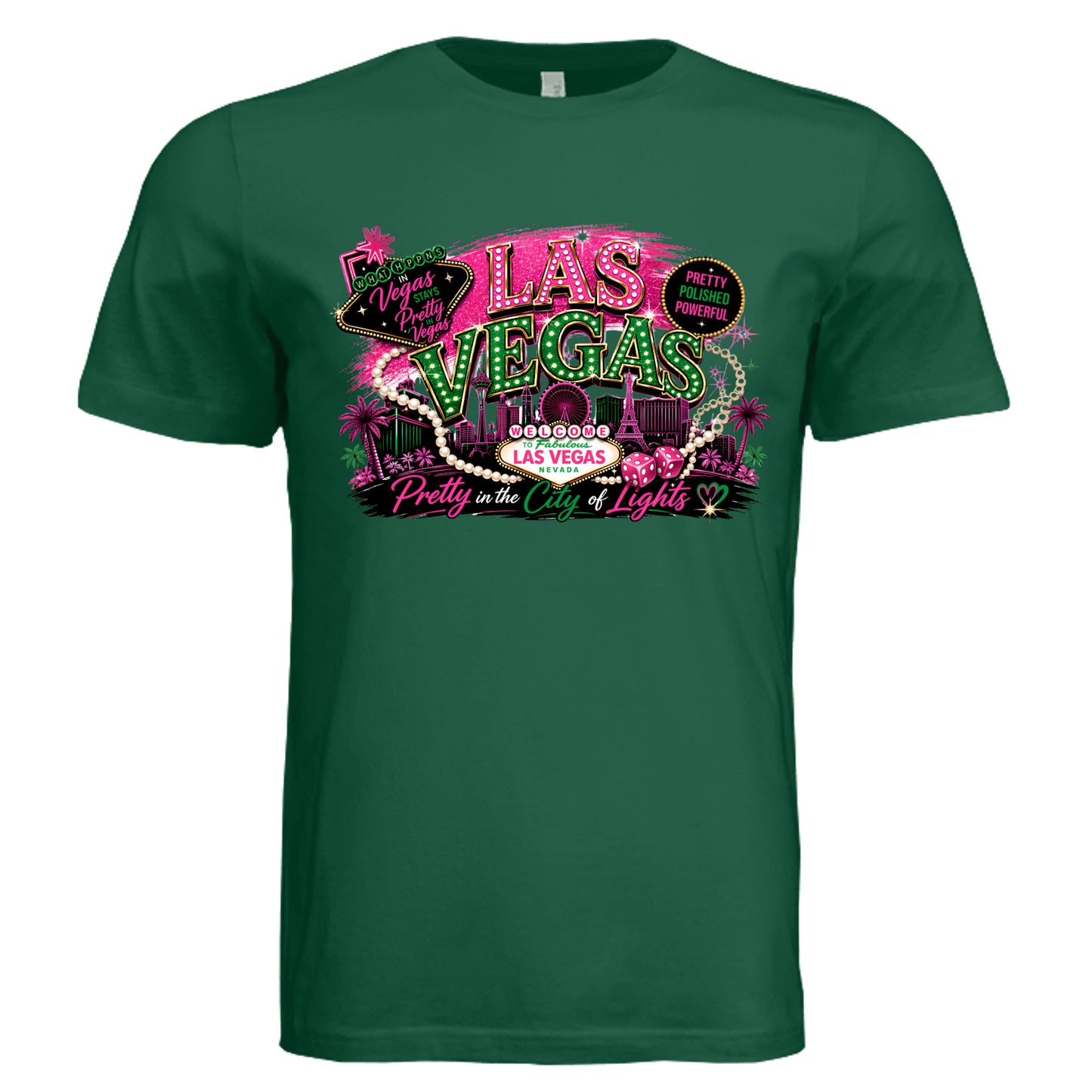 Kelly green Las Vegas graphic t-shirt with vibrant neon Vegas skyline design, “Las Vegas Pretty” text, and travel-inspired elements for women’s conference and vacation outfits