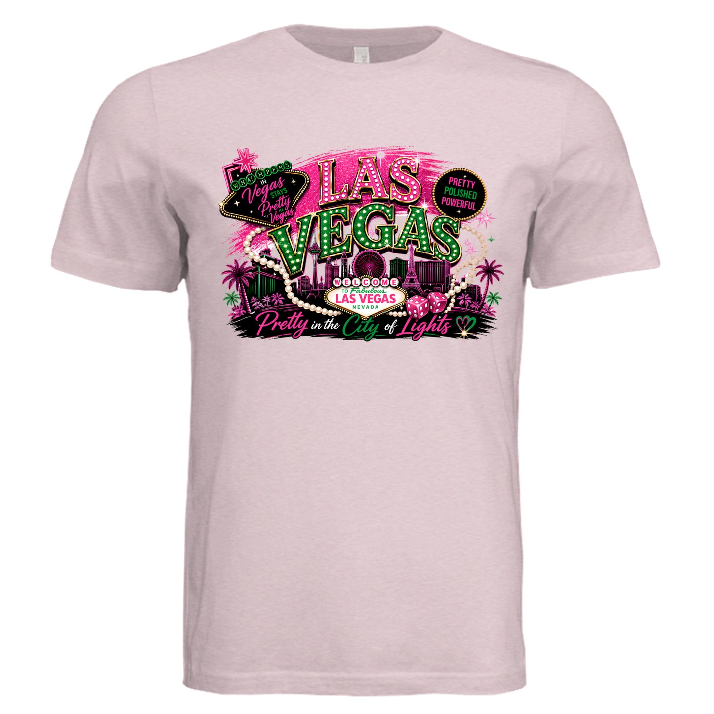 Light pink Las Vegas graphic t-shirt with vibrant neon Vegas skyline design, “Las Vegas Pretty” text, and travel-inspired elements for women’s conference and vacation outfits