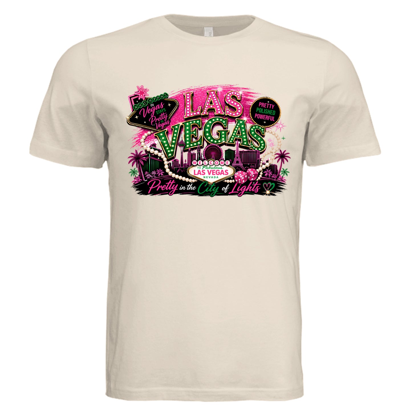 Natural beige Las Vegas graphic t-shirt with colorful neon Vegas skyline design, “Las Vegas Pretty” text, and travel-inspired elements for women’s conference and vacation wear