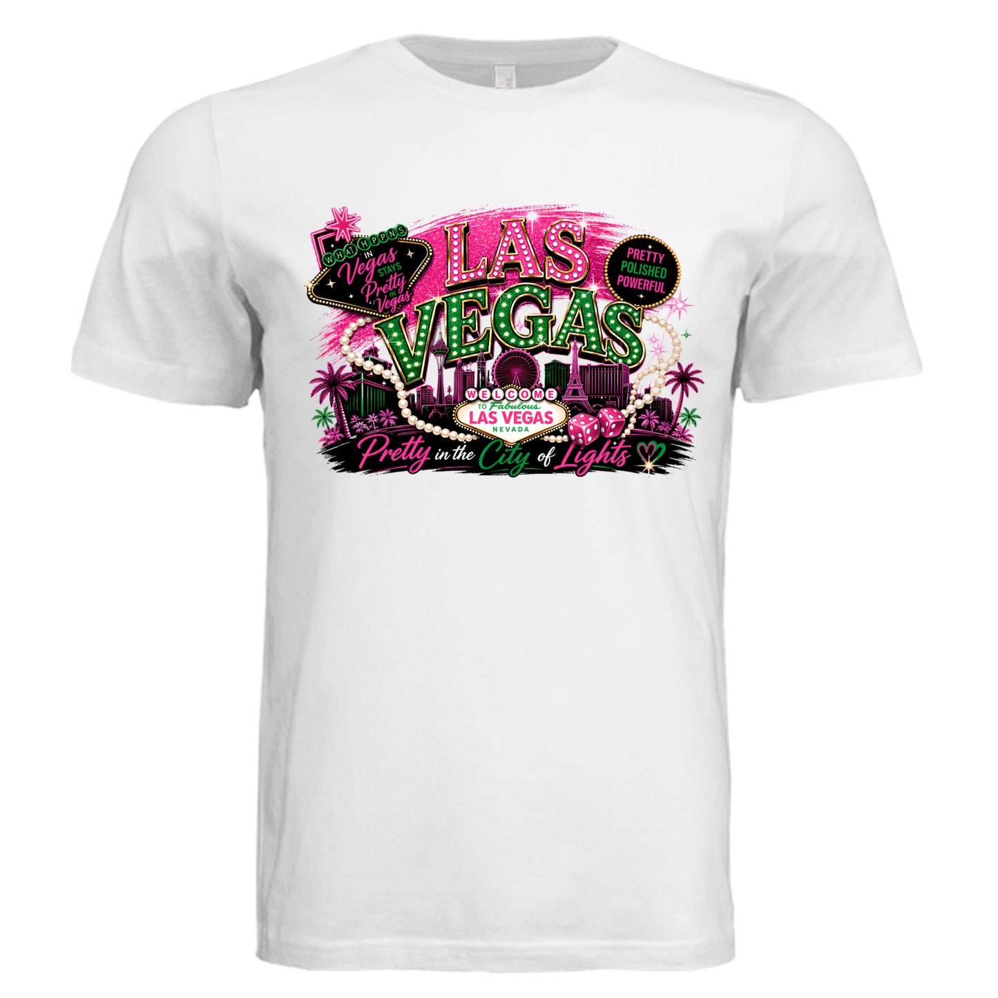 White Las Vegas graphic t-shirt with colorful Vegas skyline design, “Las Vegas Pretty” text, and neon-inspired elements for women’s travel and conference wear