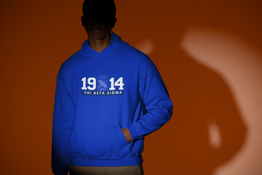 Royal blue Phi Beta Sigma 1914 hoodie featuring the fraternity shield crest and kangaroo pocket on a pullover sweatshirt.