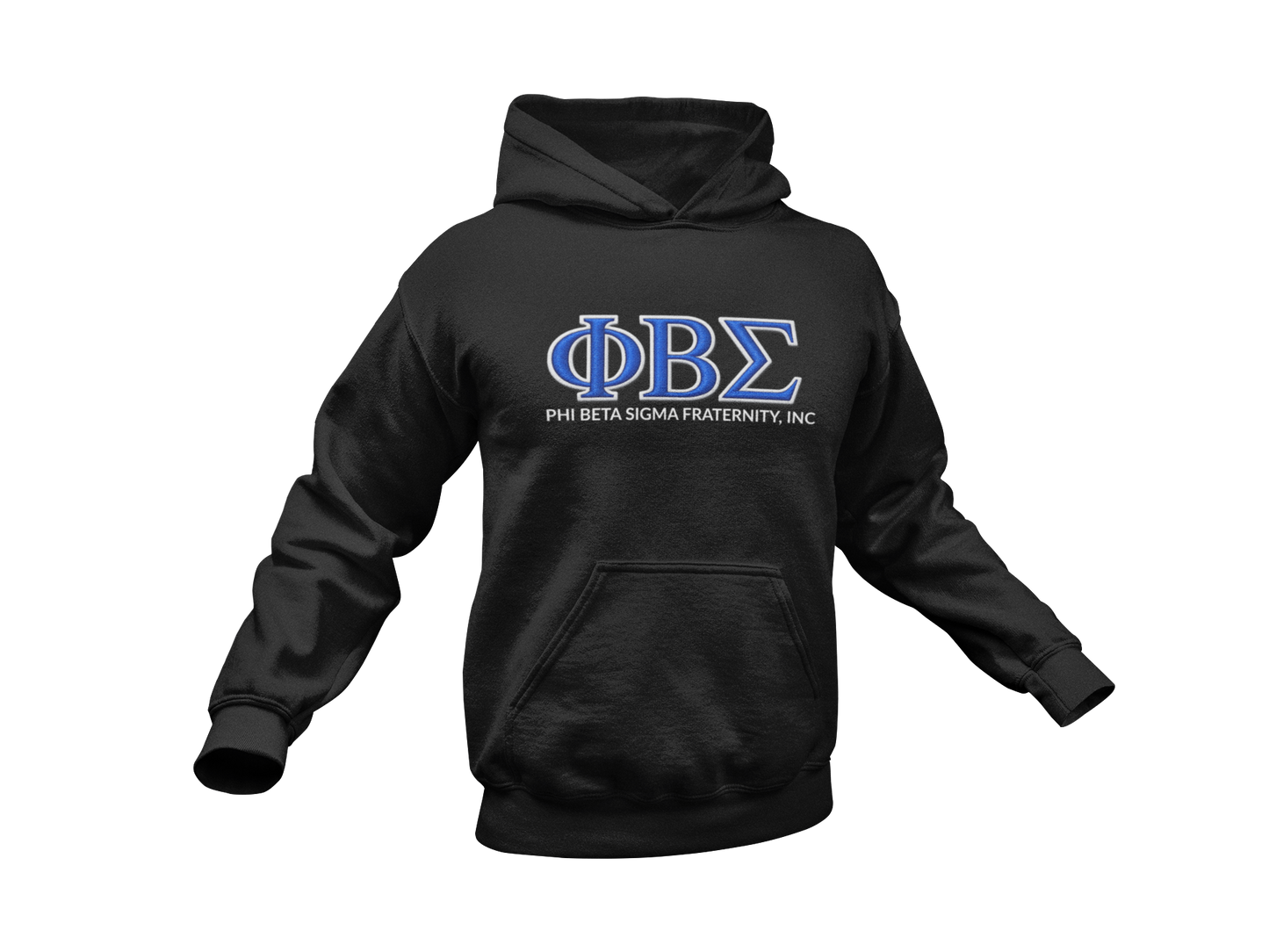 Black Phi Beta Sigma fraternity hoodie featuring blue ΦΒΣ Greek letters and Phi Beta Sigma Fraternity Inc text, Divine Nine Greek letter Sigma apparel.