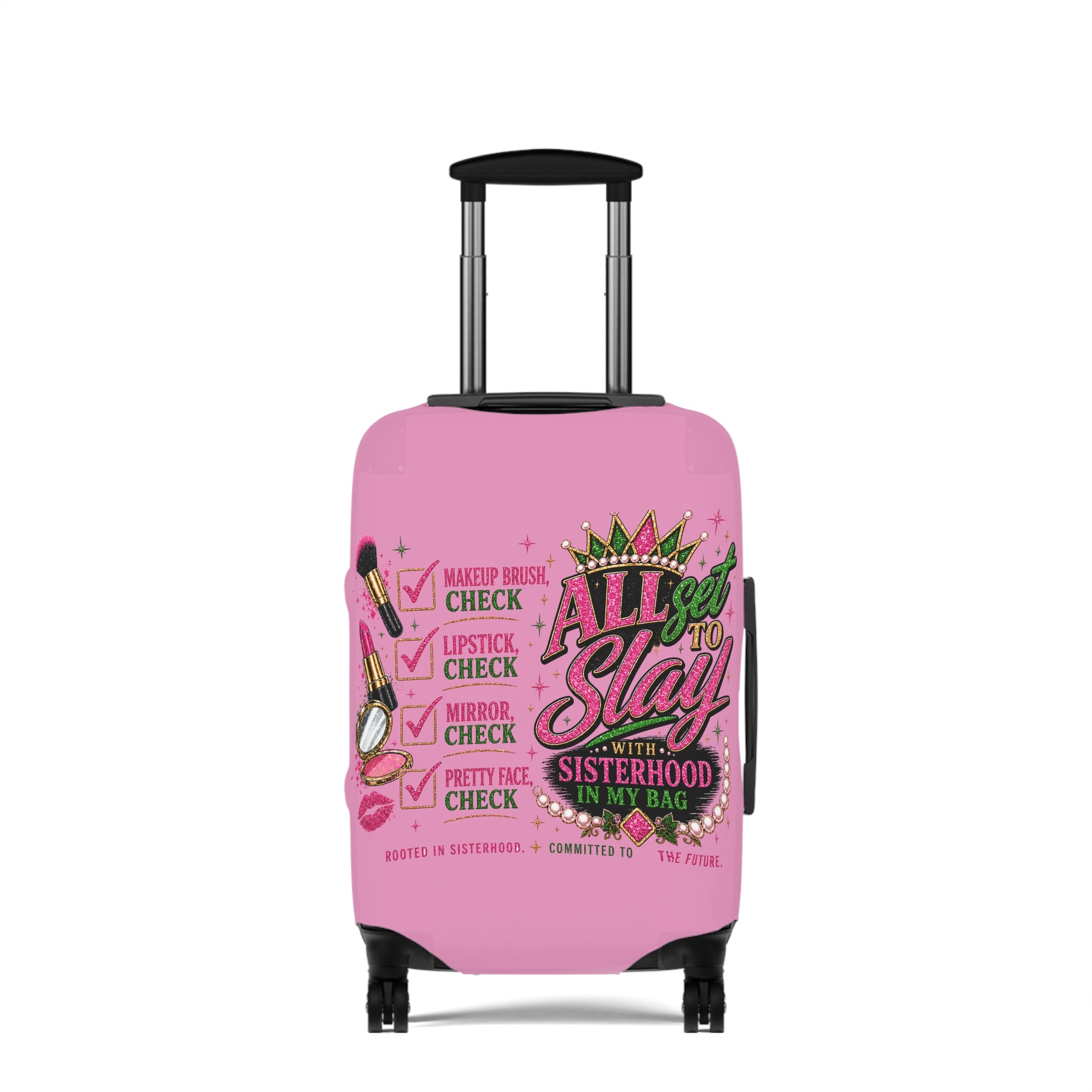 Pink suitcase with decorative text and graphics on a white background