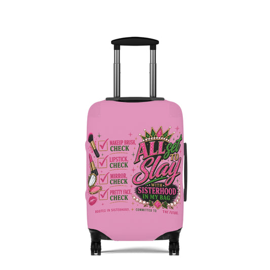 Pink suitcase with decorative text and graphics on a white background