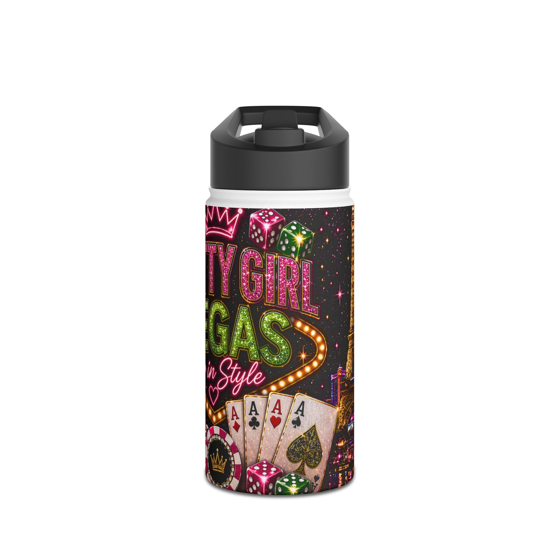 Pretty Girl Vegas tumbler with bold neon casino design, dice, cards, and glitter-style graphics, luxury drinkware for women, perfect for travel, gifts, and everyday glam
