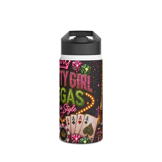 Pretty Girl Vegas tumbler with bold neon casino design, dice, cards, and glitter-style graphics, luxury drinkware for women, perfect for travel, gifts, and everyday glam