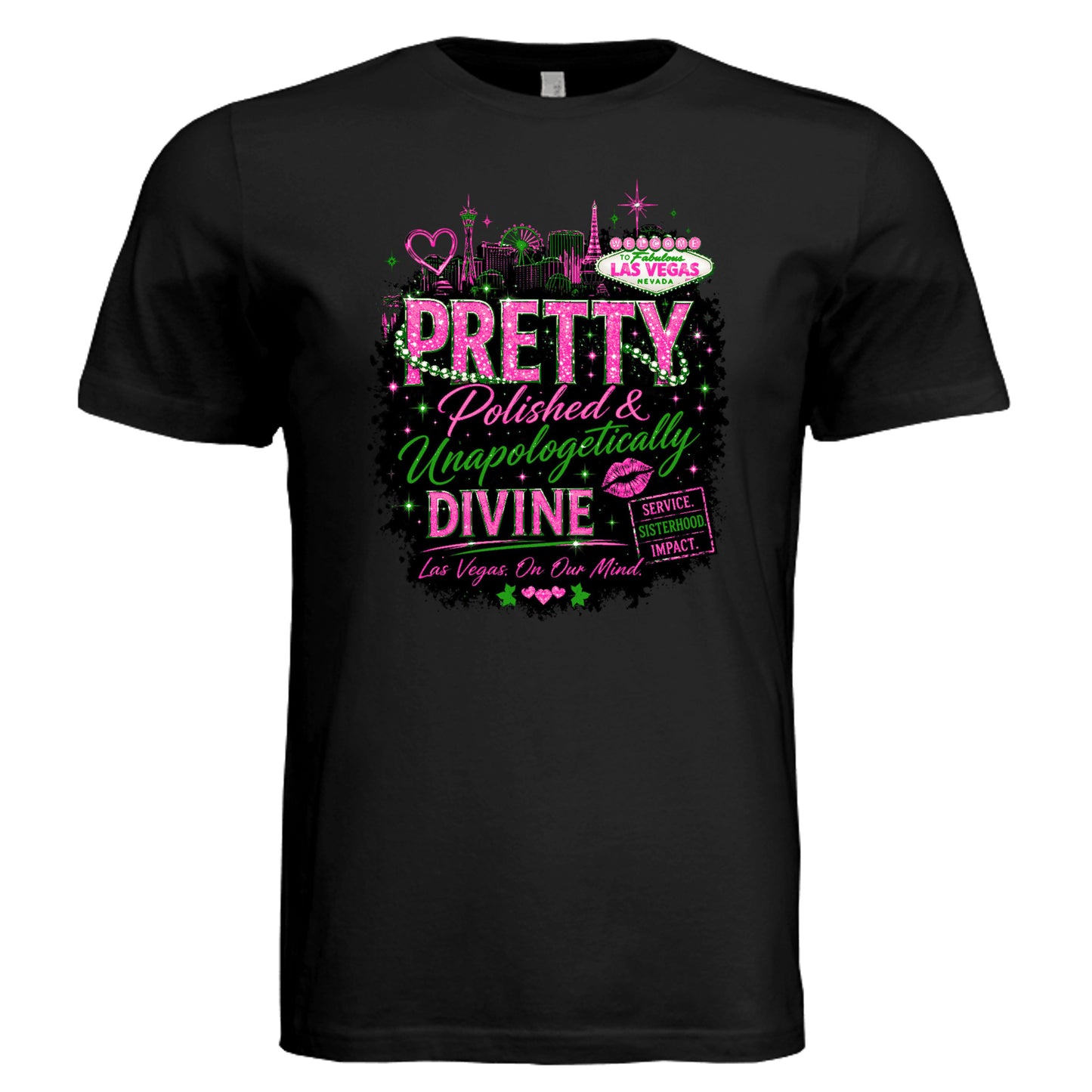 Black graphic t-shirt featuring “Pretty, Polished & Unapologetically Divine” design with bold pink and green lettering, Las Vegas skyline accents, and empowering message—perfect for women’s conferences, travel, and statement fashion