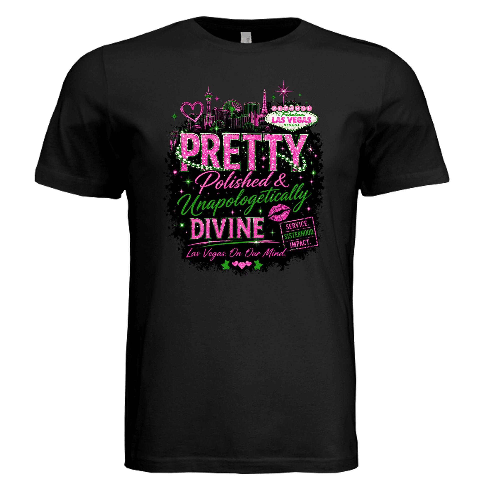 Black graphic t-shirt featuring “Pretty, Polished & Unapologetically Divine” design with bold pink and green lettering, Las Vegas skyline accents, and empowering message—perfect for women’s conferences, travel, and statement fashion