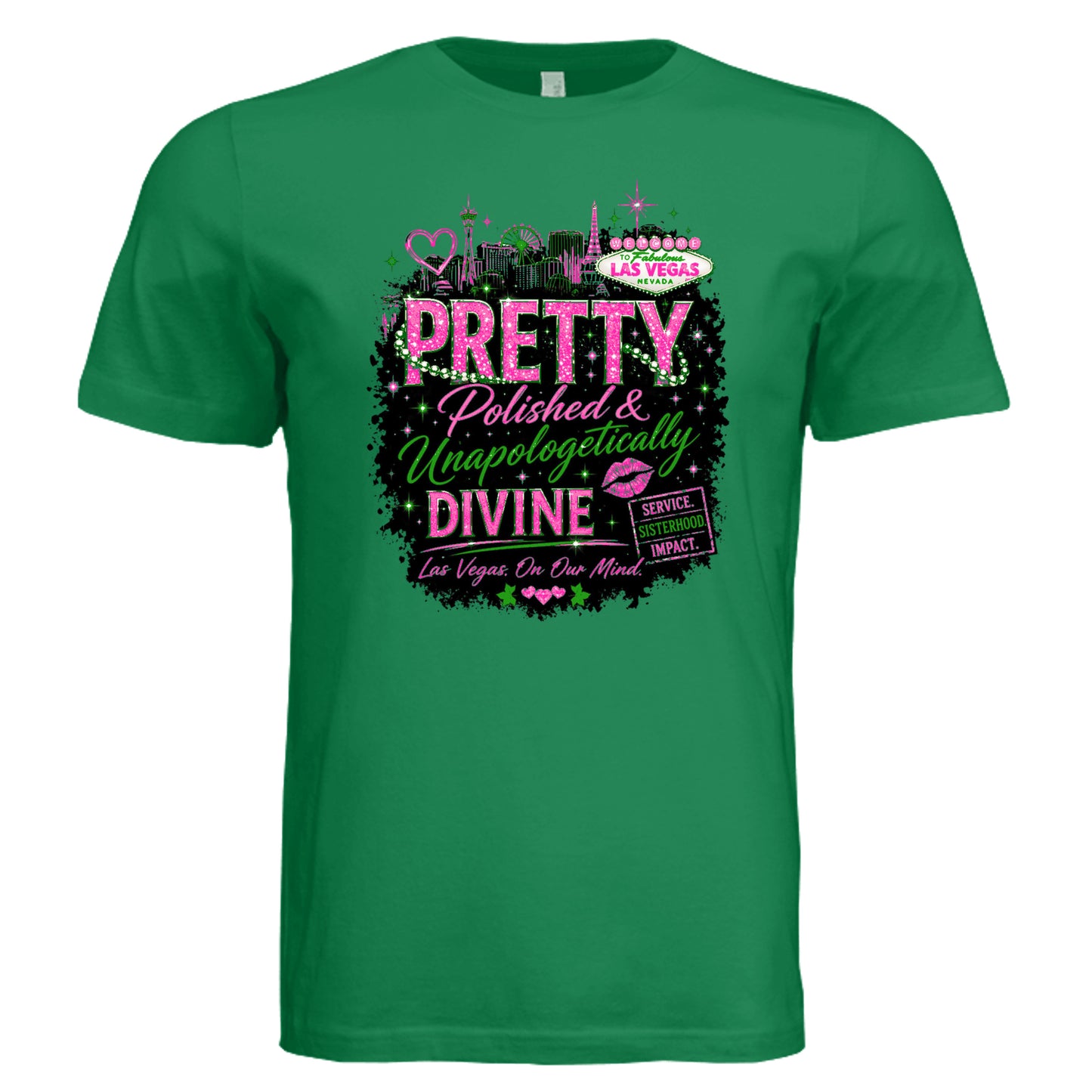 Kelly green graphic t-shirt featuring “Pretty, Polished & Unapologetically Divine” design with bold pink and green lettering, Las Vegas skyline accents, and empowering message—perfect for women’s conferences, travel, and statement fashion