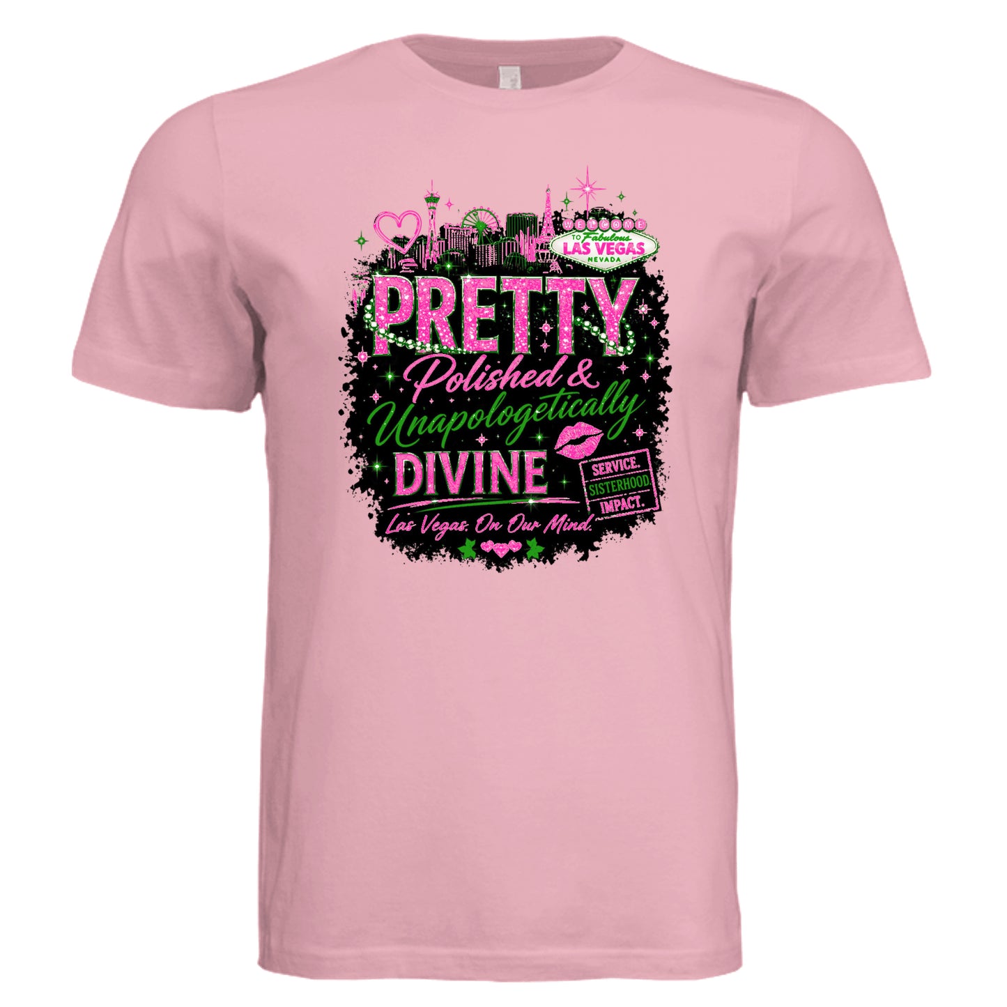 Pink graphic t-shirt featuring “Pretty, Polished & Unapologetically Divine” design with bold pink and green lettering, Las Vegas skyline accents, and empowering message—perfect for women’s conferences, travel, and statement fashion