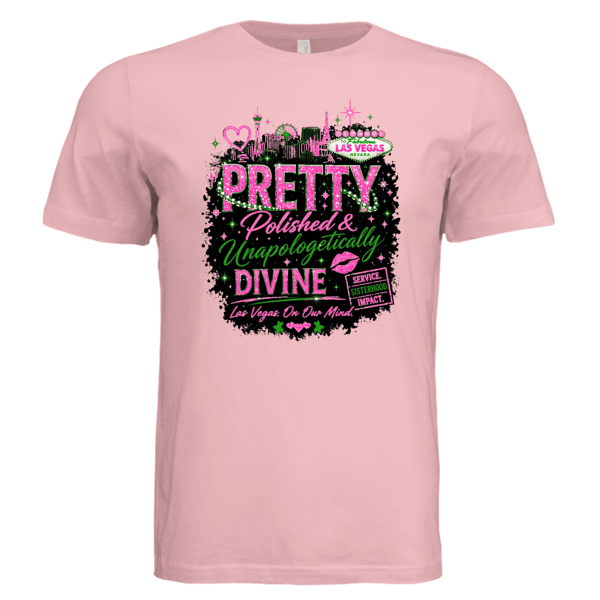 Soft pink graphic t-shirt featuring “Pretty, Polished & Unapologetically Divine” design with bold pink and green lettering, Las Vegas skyline details, and empowering message—perfect for women’s conferences, travel, and stylish statement wear