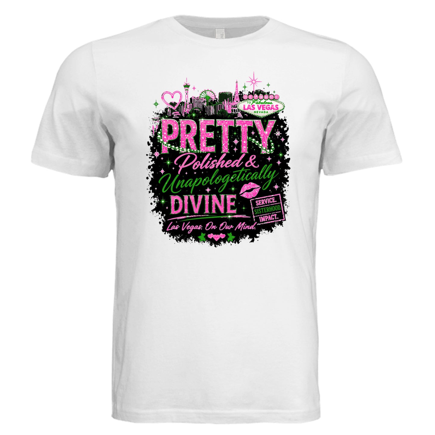 White graphic t-shirt featuring “Pretty, Polished & Unapologetically Divine” design with bold pink and green lettering, Las Vegas skyline accents, and empowering message—perfect for women’s conferences, travel, and statement fashion