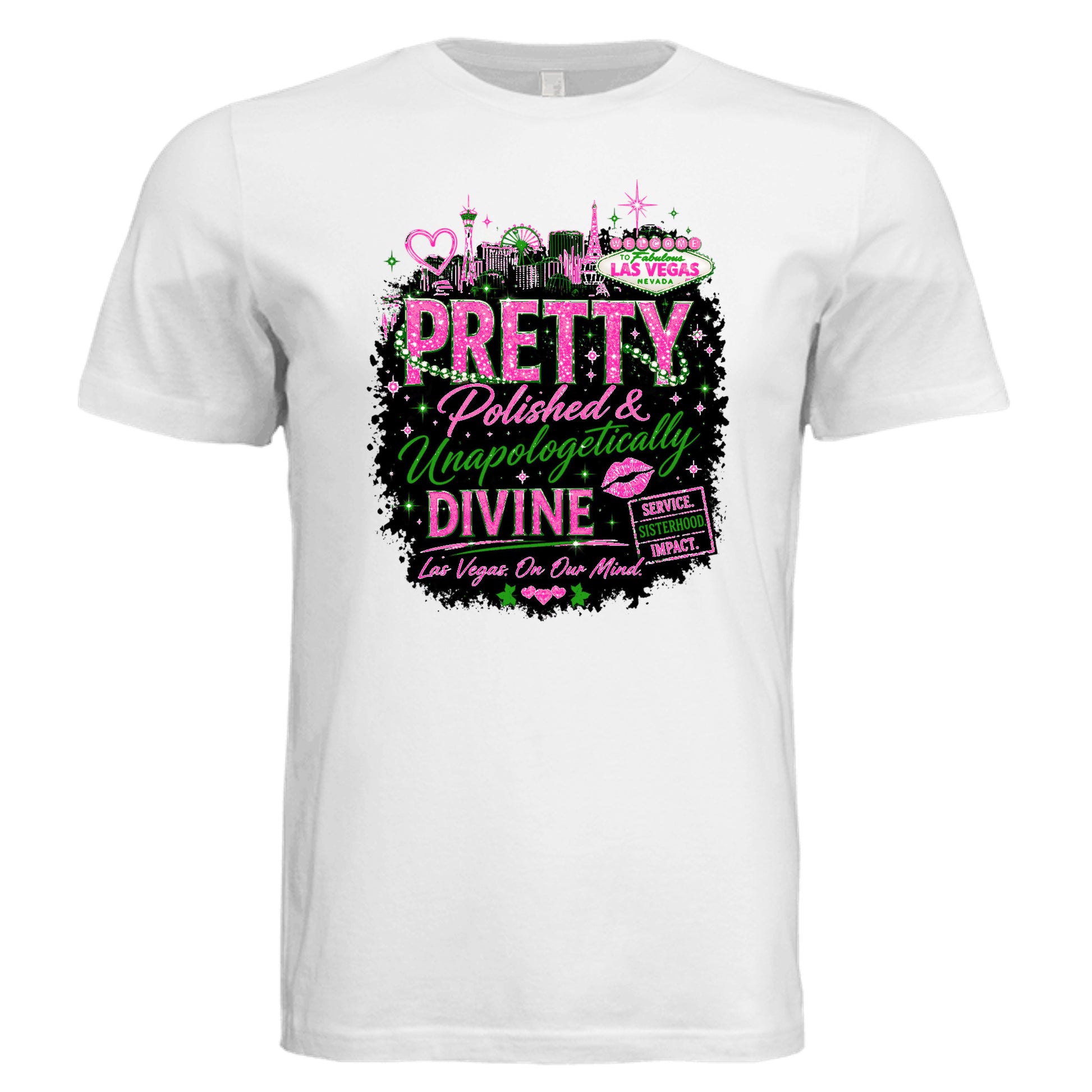 White graphic t-shirt featuring “Pretty, Polished & Unapologetically Divine” design with bold pink and green lettering, Las Vegas skyline accents, and empowering message—perfect for women’s conferences, travel, and statement fashion