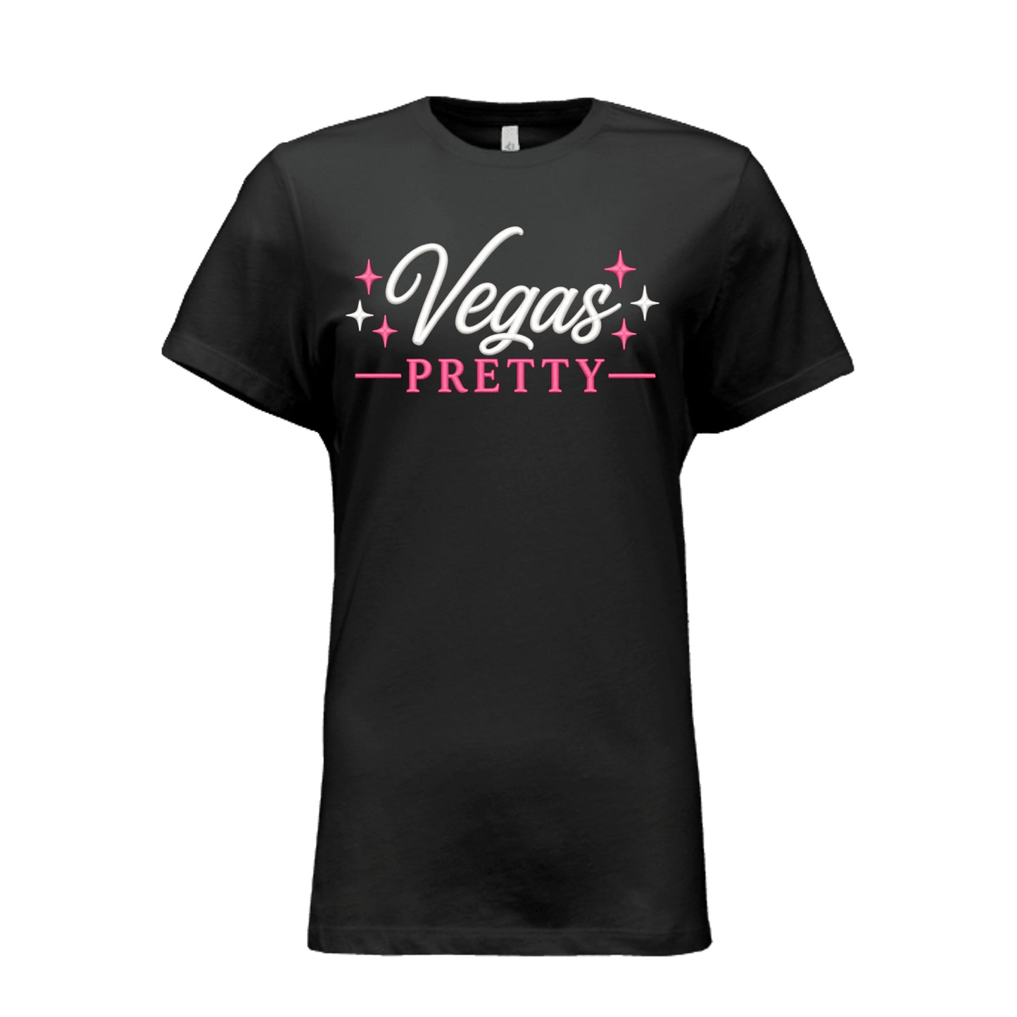 Black women’s t-shirt featuring Vegas Pretty design in white and pink script with star accents, perfect for travel, lounging, and conference wear