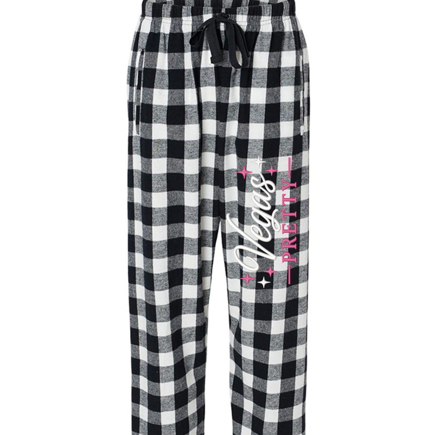 Black and white plaid lounge pants with Vegas Pretty vertical design in pink and white, women’s travel and lounge wear