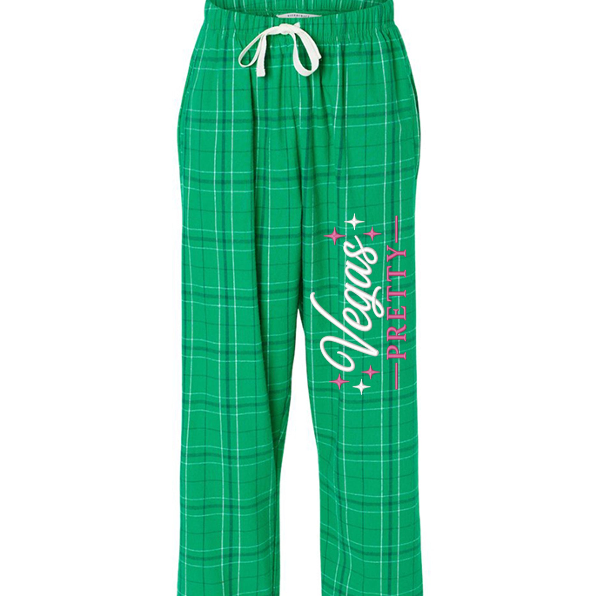 Women’s green plaid lounge pants featuring Vegas Pretty design in pink and white, perfect for travel, lounging, and conference wear