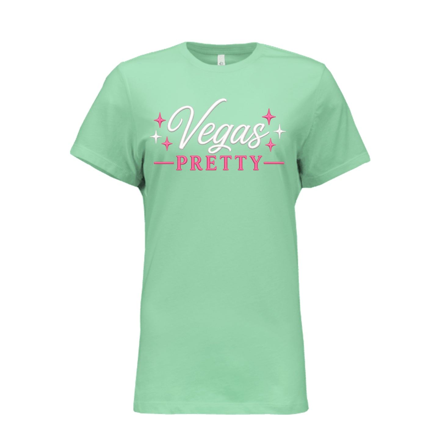 Leaf green women’s t-shirt featuring Vegas Pretty design in white and pink script with star accents, perfect for travel, lounging, and conference wear