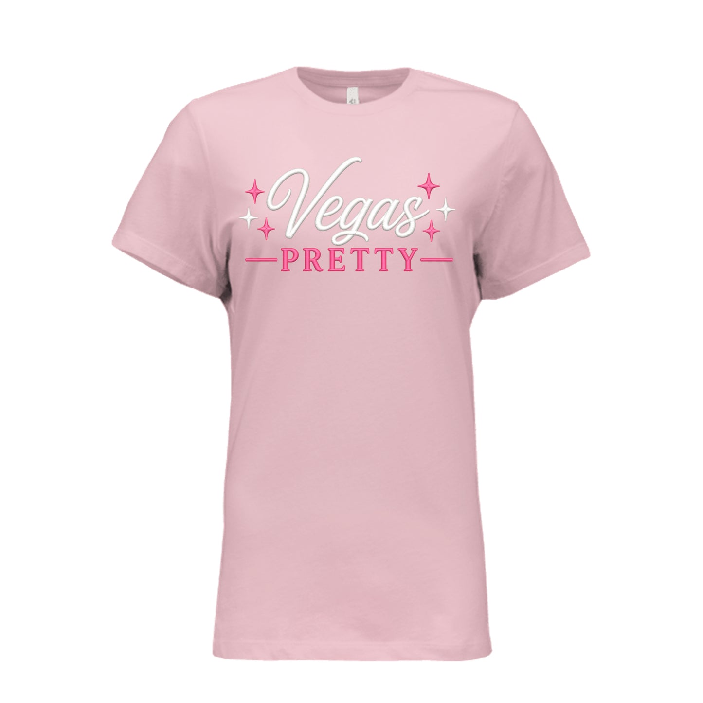 Pink t-shirt with Vegas Pretty design in white and pink script with star accents, women’s travel and conference tee