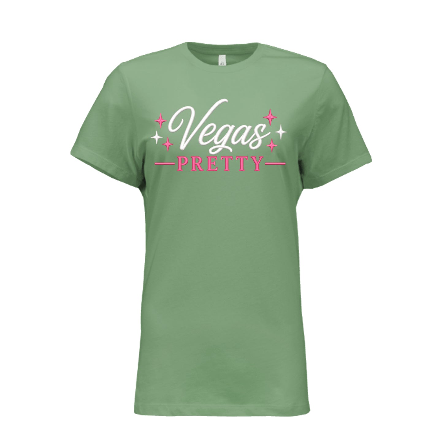 Sage green t-shirt with Vegas Pretty design in white and pink script with star accents, women’s travel and conference tee