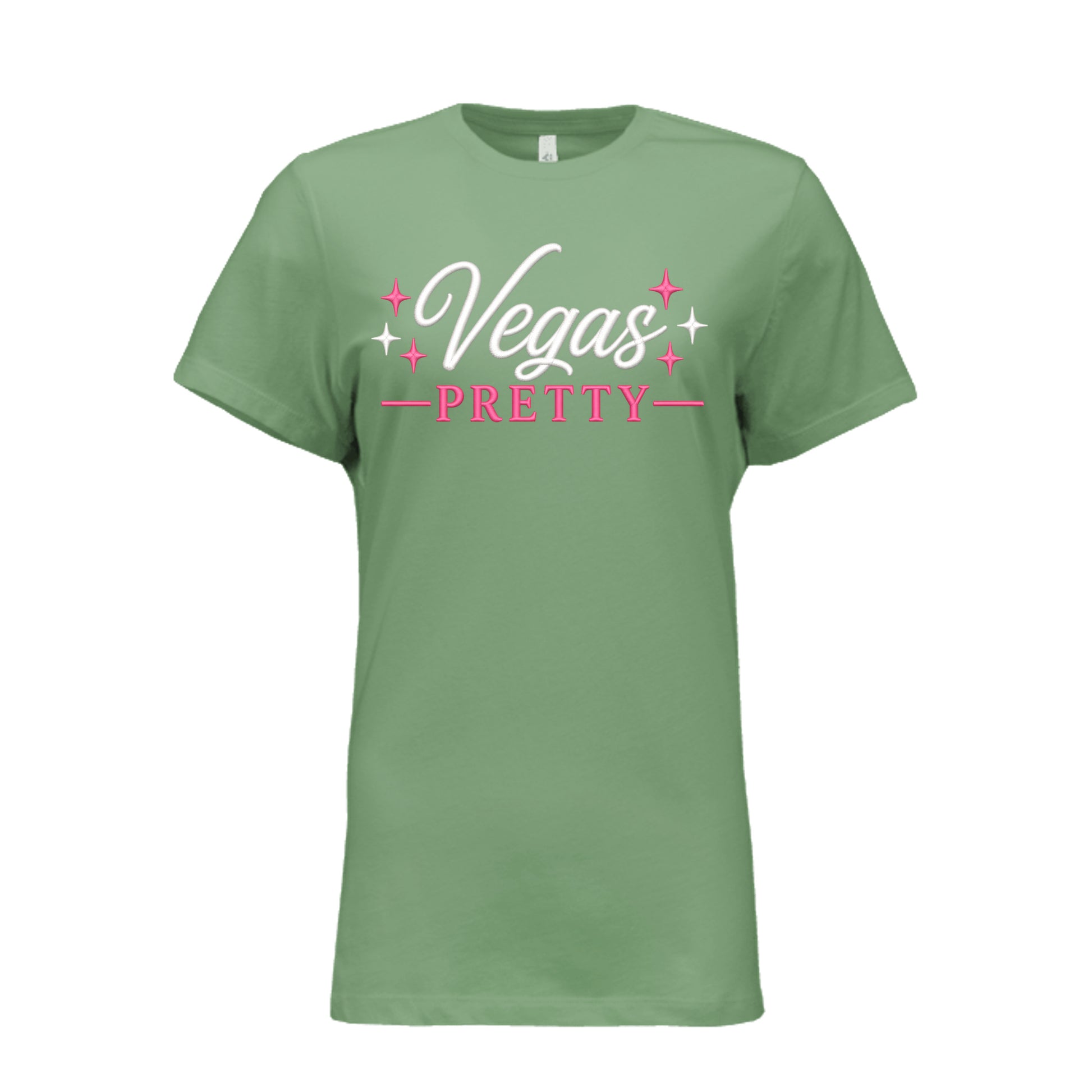 Sage green t-shirt with Vegas Pretty design in white and pink script with star accents, women’s travel and conference tee