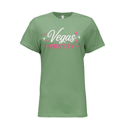 Sage green t-shirt with Vegas Pretty design in white and pink script with star accents, women’s travel and conference tee